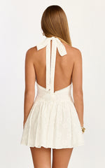 Lyra Mini Dress - Broderie Halter Neck Tie Drop V Waist Dress in White