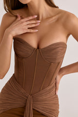 Bronze Shimmer Chiffon + Mesh Strapless Maxi Dress