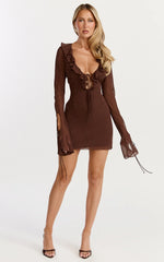 Alesya Mini Dress - Ruffle Plunge Neck Long Sleeve Tie Detail Dress in Chocolate