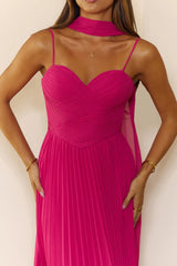 Sweetheart Pleated Scarf Maxi Dress Hot Pink