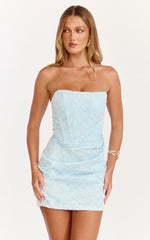 Rachel Mini Dress - Strapless Corset Bodice Draped Skirt Dress in Ice Blue