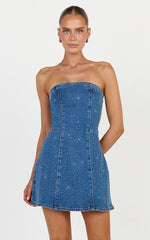 Marigold Mini Dress - Denim Strapless Diamante Mini Dress in Mid Blue Wash