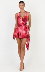 Maila Mini Dress - Wrap Tie Front Halter Neck Dress in Maila Red Floral Print