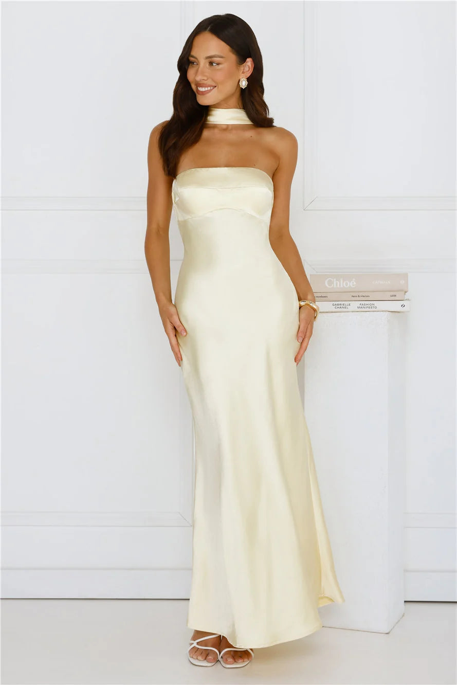 Precious Pearl Satin Maxi Dress Yellow