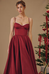 Wine Satin Tulle Midi Dress