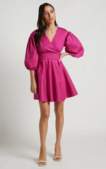 Zyla Mini Dress - Puff Sleeve Wrap Dress in Berry