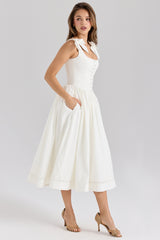 White Stretch Cotton Bow Midi Dress