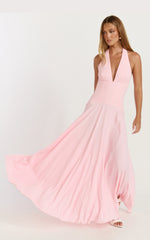 Poppy Maxi Dress - Contrast Skirt Deep Plunge Halter Dress in Soft Pink