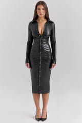 Black Vegan Leather Long Sleeve Midi Dress