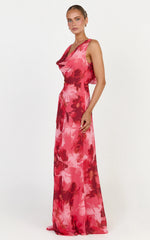 Maila Maxi Dress - Draped Cowl Neckline Dress in Maila Red Floral Print