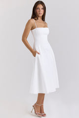 White Stretch Cotton A-line Midi Sundress