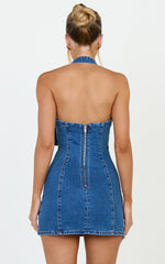 Peggy Mini Dress - Denim Buckle Halter Neck Fitted Dress in Dark Blue Wash