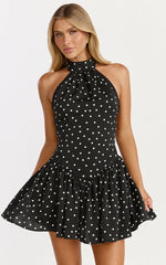 Ruby Mini Dress - Halter Neck Tie Drop V Waist  Gathered Dress in Black Polka Dot Print