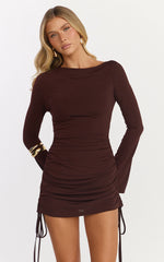 Primrose Mini Dress - Slash Neck Long Sleeve A Line Dress in Chocolate