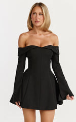 Collette Mini Dress - Off Shoulder Long Sleeve Godet Flare Dress in Black