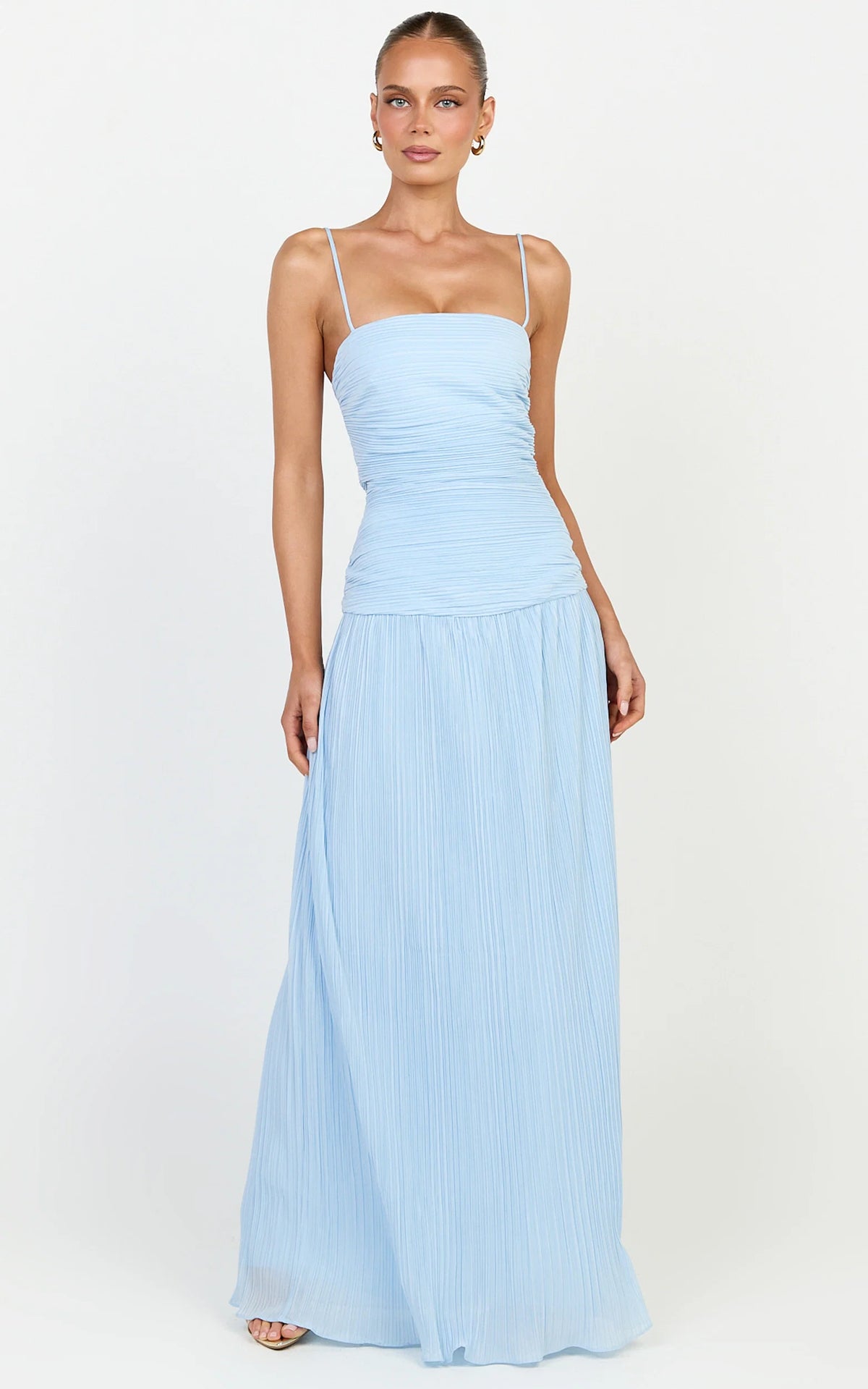 Ashlee Maxi Dress - Strapless Plisse Dropped Waist Split Leg Dress in Light Blue