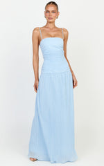 Ashlee Maxi Dress - Strapless Plisse Dropped Waist Split Leg Dress in Light Blue