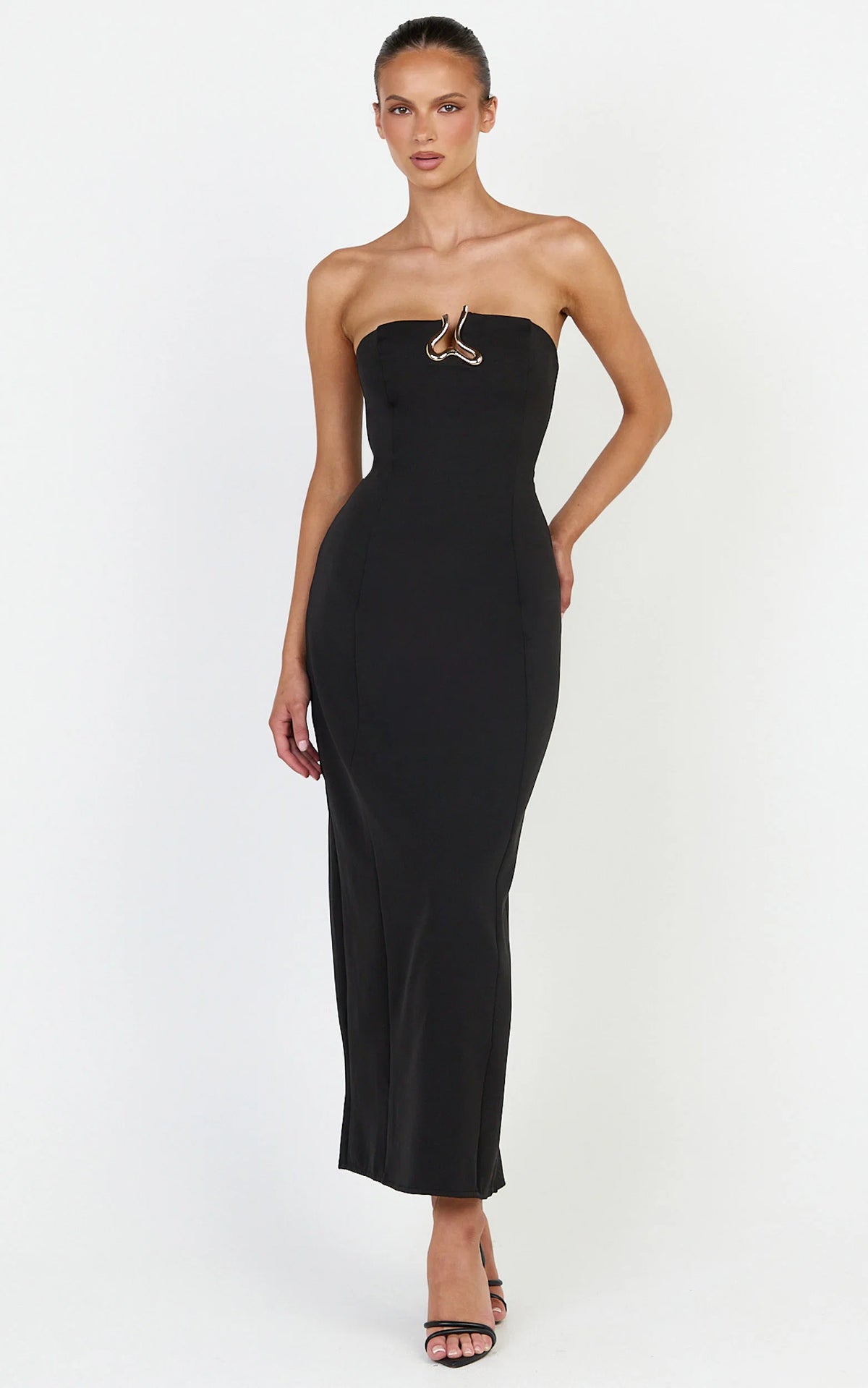Aurea Maxi Dress - Strapless Gold Trim Column Dress in Black