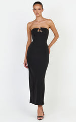 Aurea Maxi Dress - Strapless Gold Trim Column Dress in Black
