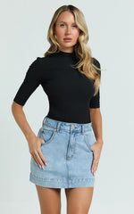 Tilda Top - High Neck Short Sleeve Fitted Top in Black