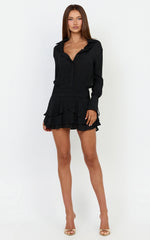 Reef Mini Dress - Long Sleeve Ruffle Skirt Shirt Dress in Black