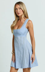Suzannah Mini Dress - Square Neck Fit And Flare Dress in Blue