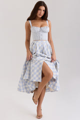 Light Blue Gingham Stretch Cotton Midi Dress