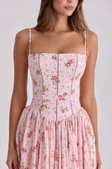 Pink Vintage Rose Print Cotton Midi Sundress