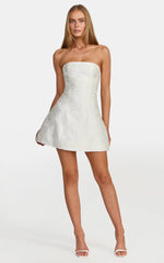 Rosalie Mini Dress - Strapless Jacquard Floral Mini Dress in White