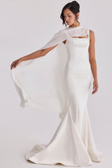 Ivory Draped Pure Silk Asymmetric Shawl