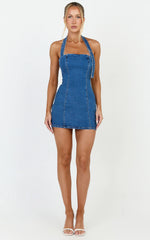 Peggy Mini Dress - Denim Buckle Halter Neck Fitted Dress in Dark Blue Wash