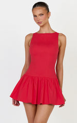 Izira Mini Dress - Boat Neck Drop Waist Shift Dress in Red