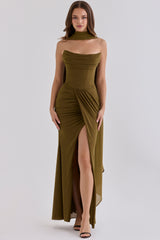 Olive Crepe Strapless Maxi Dress With Detachable Cape