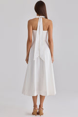White Cotton Halter Neck Midi Dress