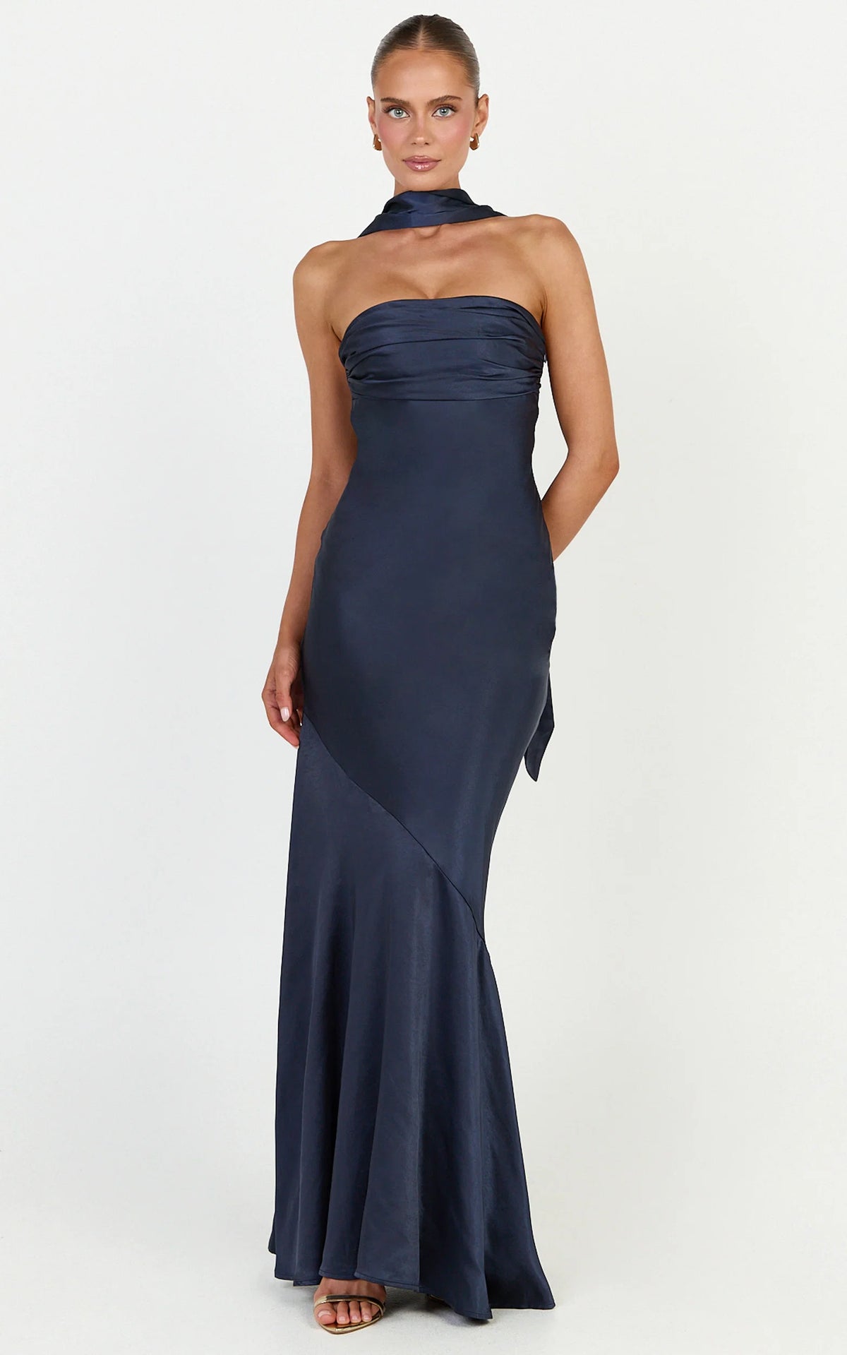 Odette Maxi Dress - Strapless Slip Dress With Neck Scarf in Navy