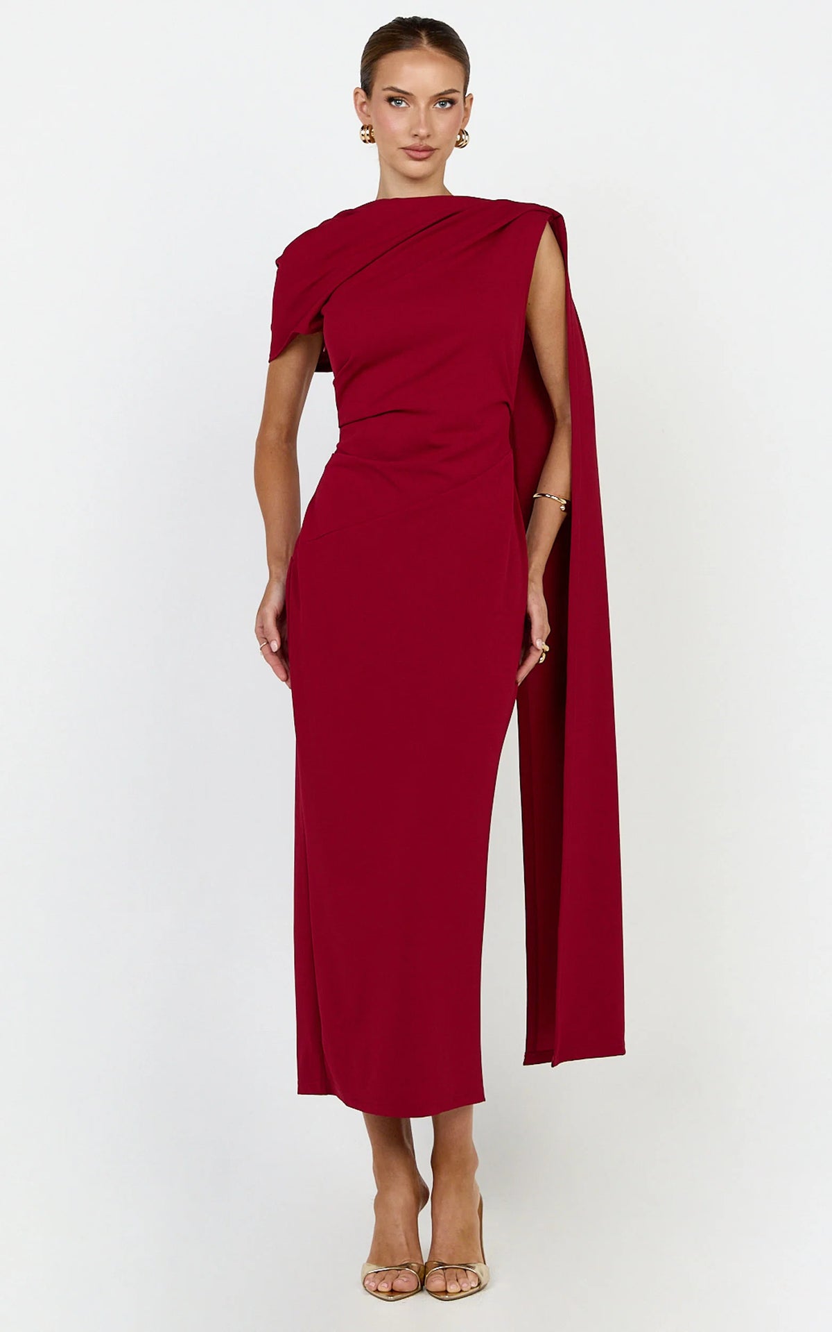 Visenta Midi Dress - Asymmetrical Sleeve Dress in Wine