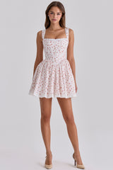 White Rose Print Cotton Corset Mini Dress