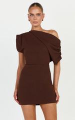 Nalfie Mini Dress - Tipped Shoulder Jersey Drape Dress in Chocolate