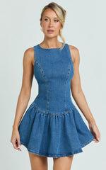 Vera Mini Dress - Boat Neck Drop Waist Fit And Flare Denim Dress in Mid Blue Wash