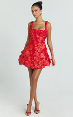 Sienna Mini Dress - 3D Floral Fit And Flare Dress in Red