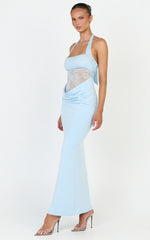 Sienne Maxi Dress - Lace Bodice Draped Cowl Waist Dress in Light Blue