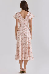 Vintage Rose Floral Print Satin V-neck Midi Tea Dress