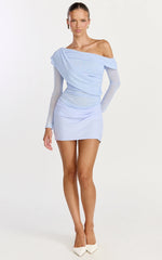 Cyra Mini Dress - Long Sleeve Drape Overlay Dress in Blue