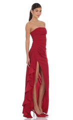 Strapless Ruched Ruffle Maxi Dress in Maroon