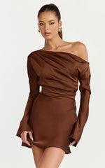 Sienna Mini Dress - Tipped Shoulder Long Sleeve Dress in Chocolate