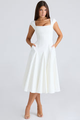 White Square Neck Twill Midi Dress