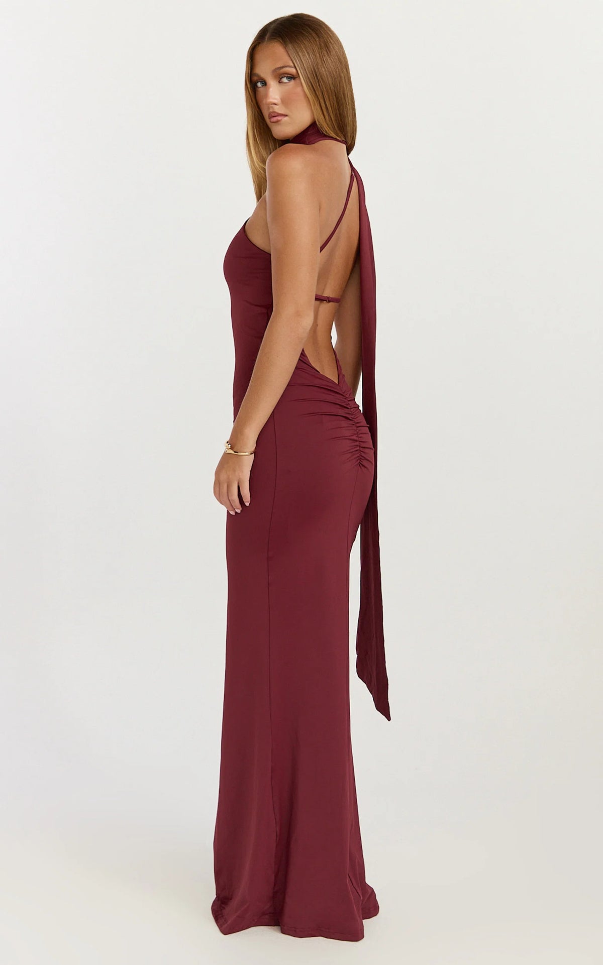 Seraphine Maxi Dress - Halter Neck Low Back Fit And Flare Dress in Wine