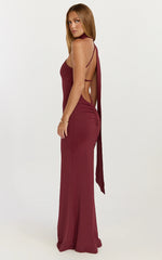 Seraphine Maxi Dress - Halter Neck Low Back Fit And Flare Dress in Wine