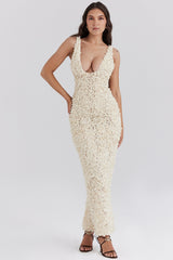Creme Plunge Floral Appliqué Maxi Dress