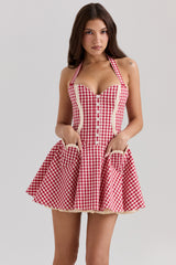 Red Gingham Cotton Halter Neck Mini Dress